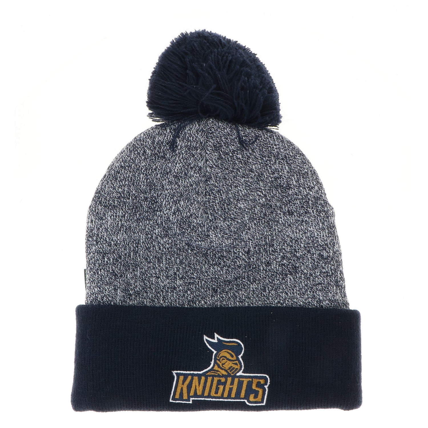 This ribbed knit cap features a marled acrylic yarn crown with a solid color cuff and matching pom.