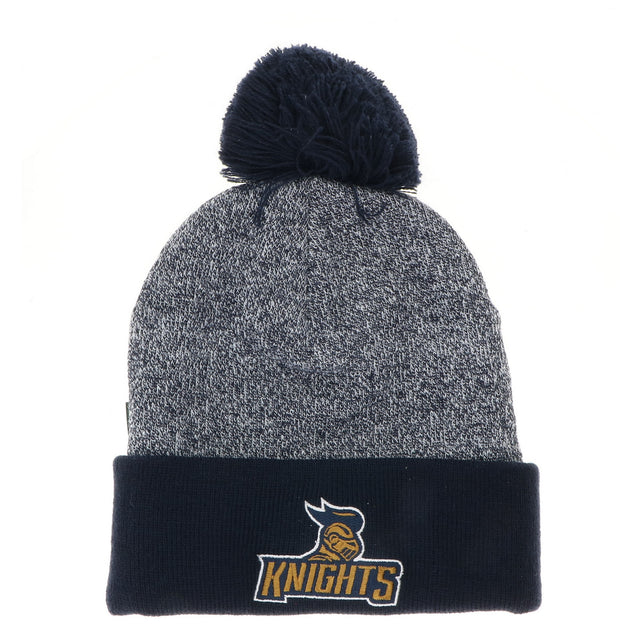 This ribbed knit cap features a marled acrylic yarn crown with a solid color cuff and matching pom.