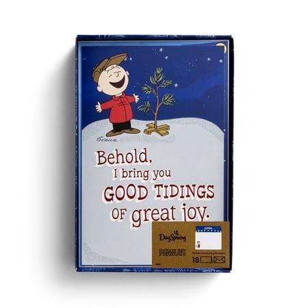 Celebrate the holiday season with the DaySpring Premium Peanuts Christmas Boxed Cards and Envelopes. This set includes 18 beautifully designed cards and envelopes featuring a nostalgic Peanuts Christmas theme. Each card is a reminder of the true reason fo