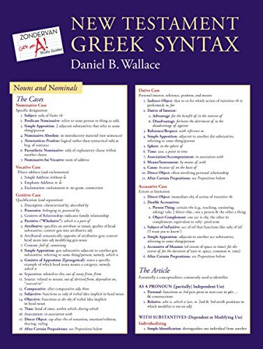 No more hunting through textbooks, laboring over self-made study cards, or fumbling with sticky notes. This summary laminated sheet of Greek Grammar beyond the Basics and Basics of New Testament Syntax is perfect for students to review categories of uses 