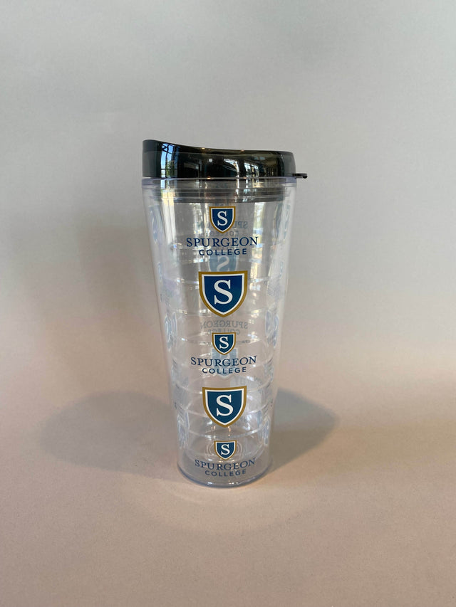 This 22 oz double wall tumbler keeps drinks hot/cold, is microwave and dishwasher safe, and comes with a straw.